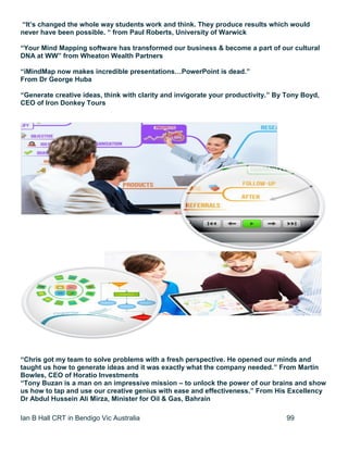 Ian B Hall CRT in Bendigo Vic Australia 99
“It’s changed the whole way students work and think. They produce results which would
never have been possible. “ from Paul Roberts, University of Warwick
“Your Mind Mapping software has transformed our business & become a part of our cultural
DNA at WW” from Wheaton Wealth Partners
“iMindMap now makes incredible presentations…PowerPoint is dead.”
From Dr George Huba
“Generate creative ideas, think with clarity and invigorate your productivity.” By Tony Boyd,
CEO of Iron Donkey Tours
“Chris got my team to solve problems with a fresh perspective. He opened our minds and
taught us how to generate ideas and it was exactly what the company needed.” From Martin
Bowles, CEO of Horatio Investments
“Tony Buzan is a man on an impressive mission – to unlock the power of our brains and show
us how to tap and use our creative genius with ease and effectiveness.” From His Excellency
Dr Abdul Hussein Ali Mirza, Minister for Oil & Gas, Bahrain
 