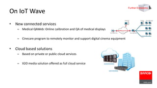 On IoT Wave 
• New connected services 
– Medical QAWeb: Online calibration and QA of medical displays 
– Cinecare program to remotely monitor and support digital cinema equipment 
• Cloud based solutions 
– Based on private or public cloud services 
– X2O media solution offered as full cloud service 
Further Evolutions 
 