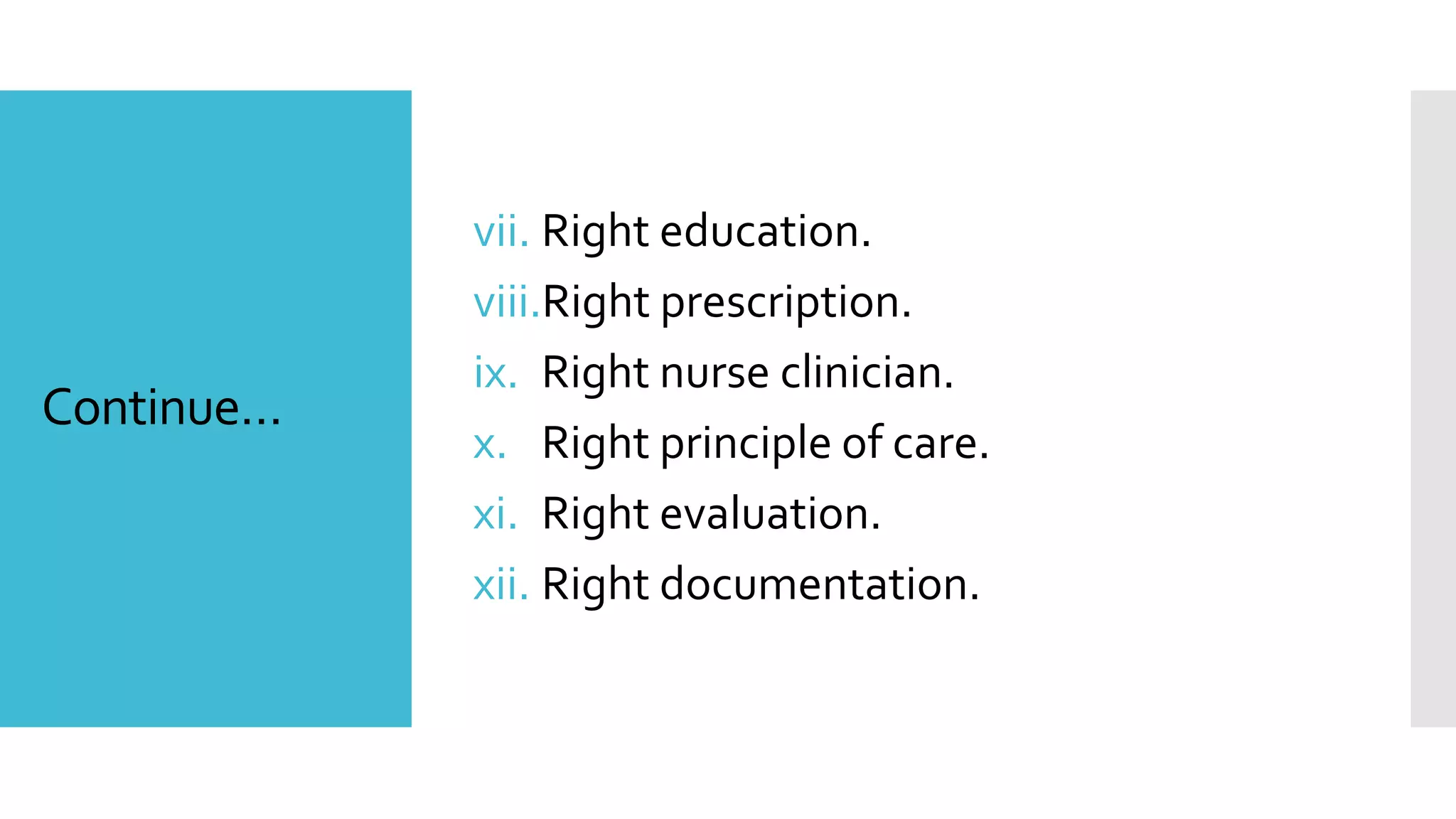 Continue…
vii. Right education.
viii.Right prescription.
ix. Right nurse clinician.
x. Right principle of care.
xi. Right evaluation.
xii. Right documentation.
 
