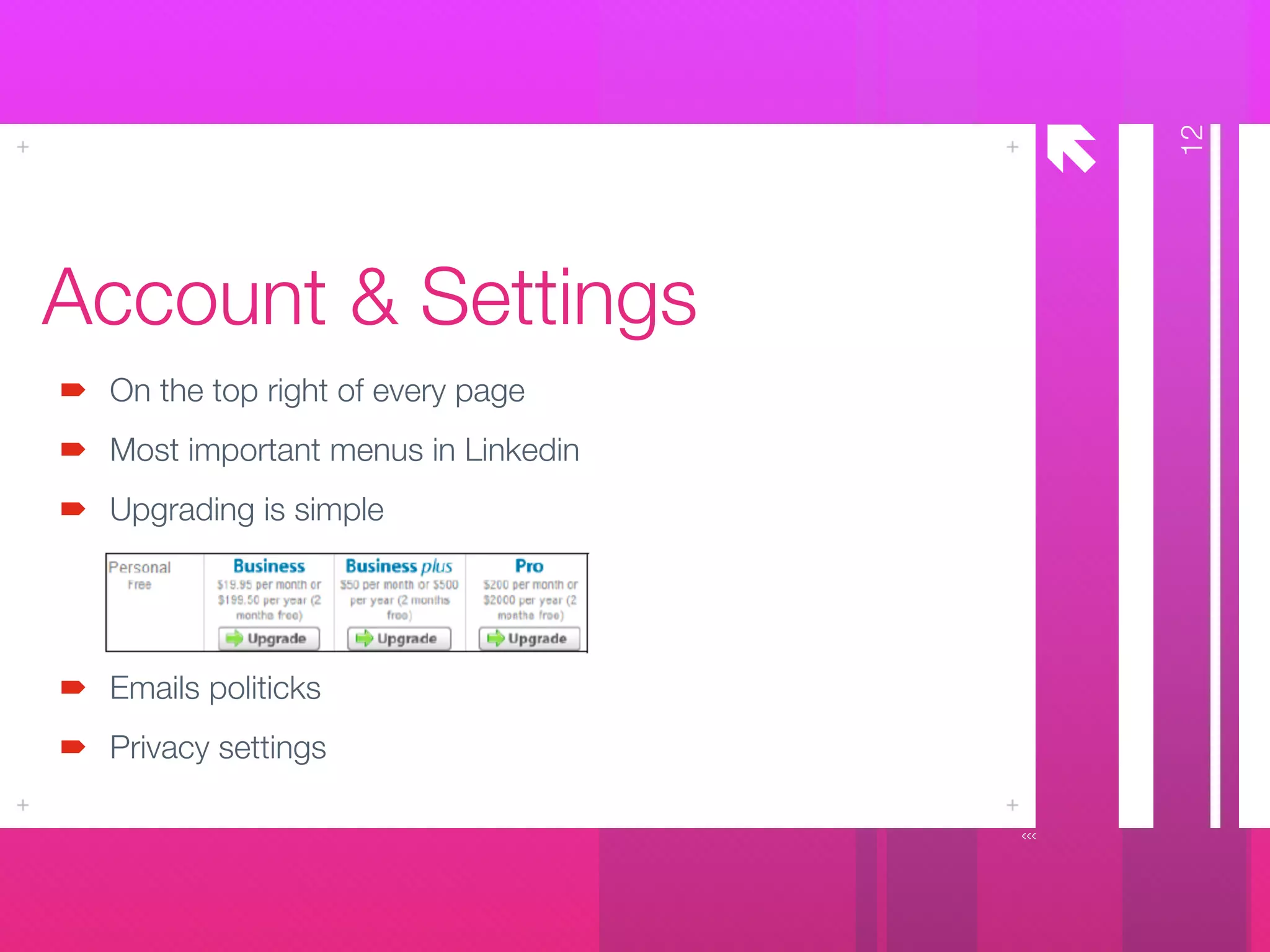 å
Account & Settings
On the top right of every page
Most important menus in Linkedin
Upgrading is simple
!
!
Emails politicks
Privacy settings
12
 