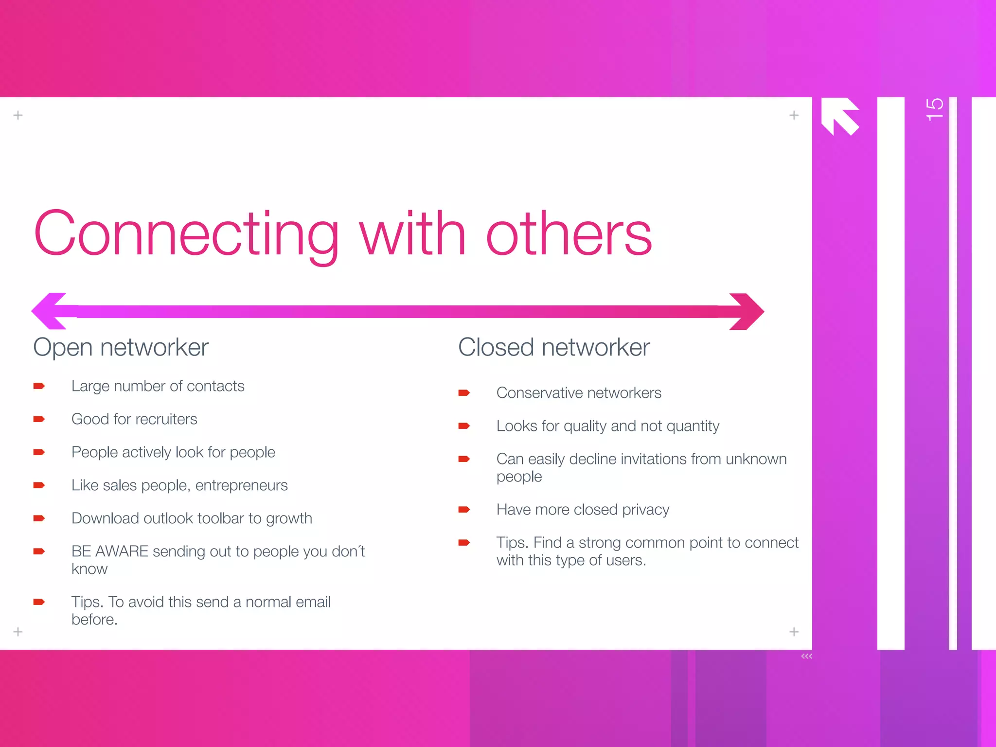 å
Connecting with others
15
Open networker Closed networker
Large number of contacts
Good for recruiters
People actively look for people
Like sales people, entrepreneurs
Download outlook toolbar to growth
BE AWARE sending out to people you don´t
know
Tips. To avoid this send a normal email
before.
Conservative networkers
Looks for quality and not quantity
Can easily decline invitations from unknown
people
Have more closed privacy
Tips. Find a strong common point to connect
with this type of users.
å
å
 