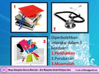 1

2
3

Diperbolehkan
interaksi dalam 3
keadaan:
1.Pendidikan
2.Perubatan
3.Muamalah

 
