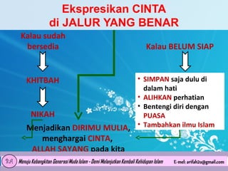 Ekspresikan CINTA
di JALUR YANG BENAR
Kalau sudah
bersedia

Kalau BELUM SIAP

• SIMPAN saja dulu di
dalam hati
• ALIHKAN perhatian
• Bentengi diri dengan
NIKAH
PUASA
Menjadikan DIRIMU MULIA, • Tambahkan ilmu Islam

KHITBAH

menghargai CINTA,
ALLAH SAYANG pada kita

 