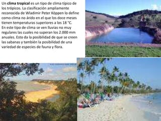 Un clima tropical es un tipo de clima típico de los trópicos. La clasificación ampliamente reconocida de Wladimir Peter Köppen lo define como clima no árido en el que los doce meses tienen temperaturas superiores a los 18 °C.En este tipo de clima se ven lluvias no muy regulares las cuales no superan los 2.000 mm anuales. Esto da la posibilidad de que se creen las sabanas y también la posibilidad de una variedad de especies de fauna y flora.