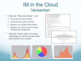 IM in the Cloud
Verwerken
 Gebruikt “Business Rules” voor:
 Automatische data validatie
 Automatische proces validatie
 Bepalen van incident afhandeltijd
 Bepalen van verkeer en/of incident
management suggesties
 Gebruikt “Smart Jobs” om reken-,
rapportage en communicatie taken
automatisch uit te voeren
 