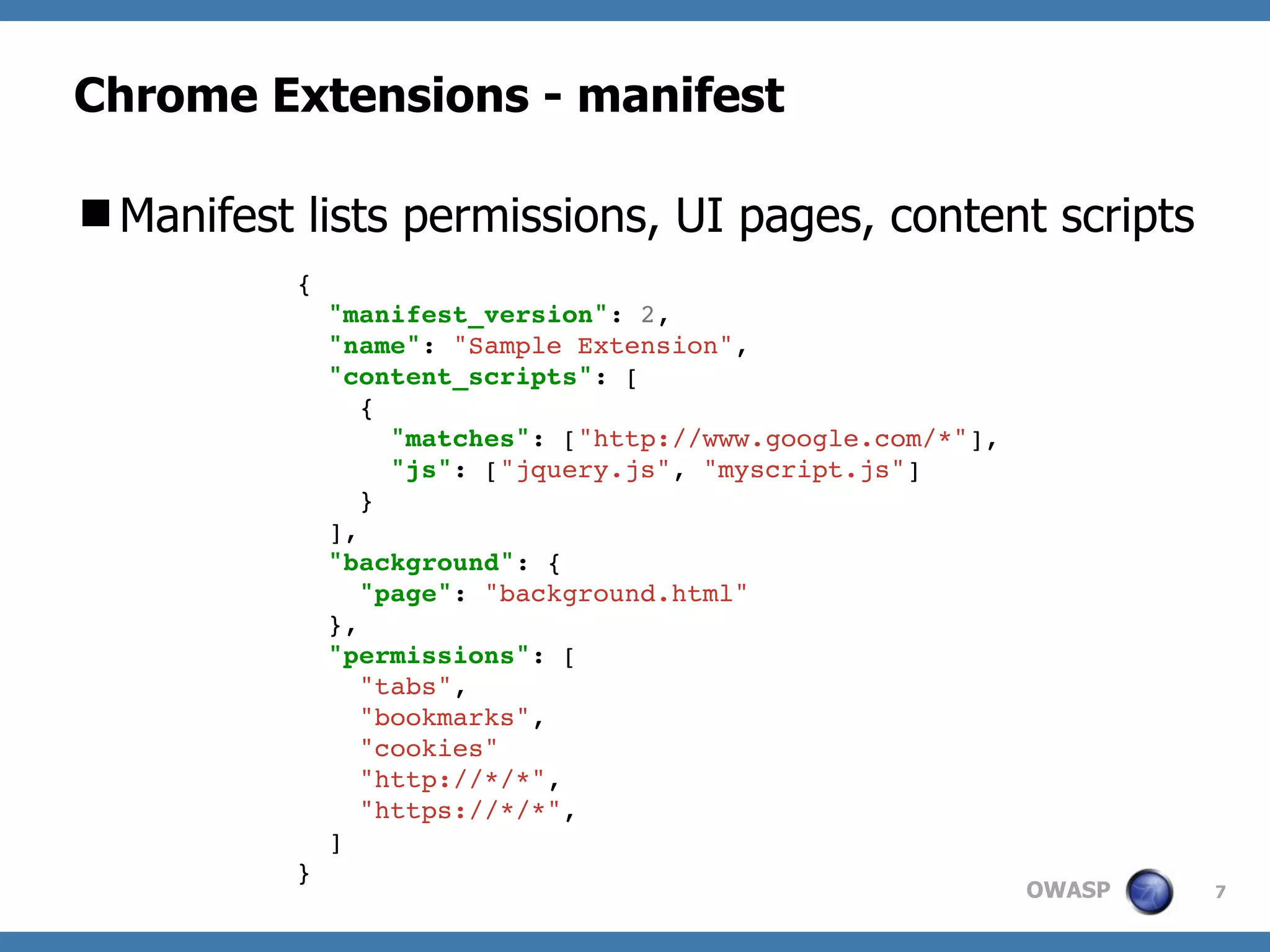 OWASP
Chrome Extensions - manifest
Manifest lists permissions, UI pages, content scripts
7
{
"manifest_version": 2,
"name": "Sample Extension",
"content_scripts": [
{
"matches": ["http://www.google.com/*"],
"js": ["jquery.js", "myscript.js"]
}
],
"background": {
"page": "background.html"
},
"permissions": [
"tabs",
"bookmarks",
"cookies"
"http://*/*",
"https://*/*",
]
}
 