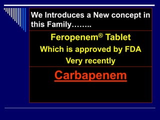 We Introduces a New concept in
this Family……..
Carbapenem
Feropenem® Tablet
Which is approved by FDA
Very recently
 