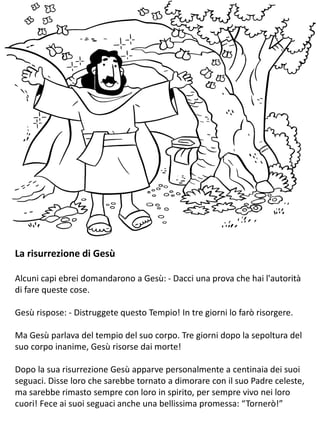 La risurrezione di Gesù
Alcuni capi ebrei domandarono a Gesù: - Dacci una prova che hai l'autorità
di fare queste cose.
Gesù rispose: - Distruggete questo Tempio! In tre giorni lo farò risorgere.
Ma Gesù parlava del tempio del suo corpo. Tre giorni dopo la sepoltura del
suo corpo inanime, Gesù risorse dai morte!
Dopo la sua risurrezione Gesù apparve personalmente a centinaia dei suoi
seguaci. Disse loro che sarebbe tornato a dimorare con il suo Padre celeste,
ma sarebbe rimasto sempre con loro in spirito, per sempre vivo nei loro
cuori! Fece ai suoi seguaci anche una bellissima promessa: “Tornerò!”
 