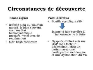 Circonstances de découverte 
Phase aigue: 
• oedème aigu du poumon 
massif le plus souvent 
avec un état 
hémodynamique 
précaire =mesures de 
réanimation 
• OAP flash récidivant 
Post infarctus 
• Souffle systolique d’IM 
intensité non corrélée à 
l’importance de la fuite 
• Dyspnée d’effort voir un 
OAP sans facteur 
déclenchant chez un 
patient avec une 
cardiopathie ischémique 
et une dysfonction du VG 
 