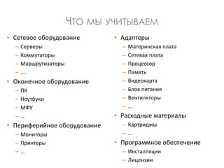 ЧТО МЫ УЧИТЫВАЕМ
• Сетевое оборудование
– Серверы
– Коммутаторы
– Маршрутизаторы
– ….
• Оконечное оборудование
– ПК
– Ноутбуки
– МФУ
– …
• Периферийное оборудование
– Мониторы
– Принтеры
– …
• Адаптеры
– Материнская плата
– Сетевая плата
– Процессор
– Память
– Видеокарта
– Блок питания
– Вентиляторы
– …
• Расходные материалы
– Картриджы
– …
• Программное обеспечение
– Инсталляции
– Лицензии
 