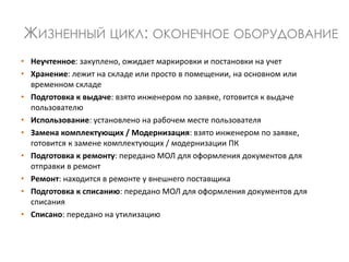 ЖИЗНЕННЫЙ ЦИКЛ: ОКОНЕЧНОЕ ОБОРУДОВАНИЕ
• Неучтенное: закуплено, ожидает маркировки и постановки на учет
• Хранение: лежит на складе или просто в помещении, на основном или
временном складе
• Подготовка к выдаче: взято инженером по заявке, готовится к выдаче
пользователю
• Использование: установлено на рабочем месте пользователя
• Замена комплектующих / Модернизация: взято инженером по заявке,
готовится к замене комплектующих / модернизации ПК
• Подготовка к ремонту: передано МОЛ для оформления документов для
отправки в ремонт
• Ремонт: находится в ремонте у внешнего поставщика
• Подготовка к списанию: передано МОЛ для оформления документов для
списания
• Списано: передано на утилизацию
 