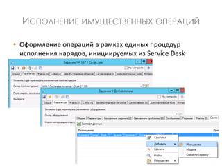 ИСПОЛНЕНИЕ ИМУЩЕСТВЕННЫХ ОПЕРАЦИЙ
• Оформление операций в рамках единых процедур
исполнения нарядов, инициируемых из Service Desk
 