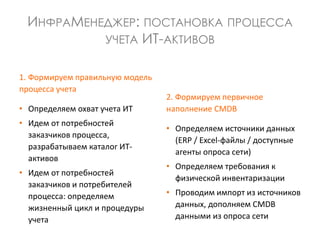 ИНФРАМЕНЕДЖЕР: ПОСТАНОВКА ПРОЦЕССА
УЧЕТА ИТ-АКТИВОВ
1. Формируем правильную модель
процесса учета
• Определяем охват учета ИТ
• Идем от потребностей
заказчиков процесса,
разрабатываем каталог ИТ-
активов
• Идем от потребностей
заказчиков и потребителей
процесса: определяем
жизненный цикл и процедуры
учета
2. Формируем первичное
наполнение CMDB
• Определяем источники данных
(ERP / Excel-файлы / доступные
агенты опроса сети)
• Определяем требования к
физической инвентаризации
• Проводим импорт из источников
данных, дополняем CMDB
данными из опроса сети
 