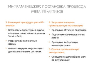 ИНФРАМЕНЕДЖЕР: ПОСТАНОВКА ПРОЦЕССА
УЧЕТА ИТ-АКТИВОВ
3. Реализуем процедуры учета ИТ-
активов
• Встраиваем процедуры в другие
процессы (чаще всего – в рамках
Service Desk)
• Разрабатываем печатные
формы
• Автоматизируем актуализацию
данных во внешних системах
4. Запускаем в опытно-
промышленную эксплуатацию
• Проводим обучение персонала
• Подгоняем проектирование к
жизни
• Проводим выборочную
инвентаризацию
5. Сдаем в промышленную
эксплуатацию
• Определяем дальнейшие шаги
по актуализации
 