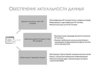 ОБЕСПЕЧЕНИЕ АКТУАЛЬНОСТИ ДАННЫХ
ЕДИНАЯ ПОЛИТИКА УЧЕТА ИТ-
АКТИВОВ
•Классификация ИТ-активов (типы и модельный ряд)
•Маркировка и идентификация ИТ-активов
•Жизненный цикл учета ИТ-активов
АВТОМАТИЗАЦИЯ ПРОЦЕДУР УЧЕТА
ИТ-АКТИВОВ
•В рамках каких процедур меняется состояние
ИТ-активов
•Каковы требования внешних регуляторов к
процедурам (информирование других систем;
печать документов)
ИНТЕГРАЦИЯ С ВНЕШНЕЙ СРЕДОЙ
•Интеграция с бухгалтерией, управленческим учетом
•Связь с процессом управления конфигурациями
•Автоматический аудит, автоматизация контроля
изменений CMDB
 