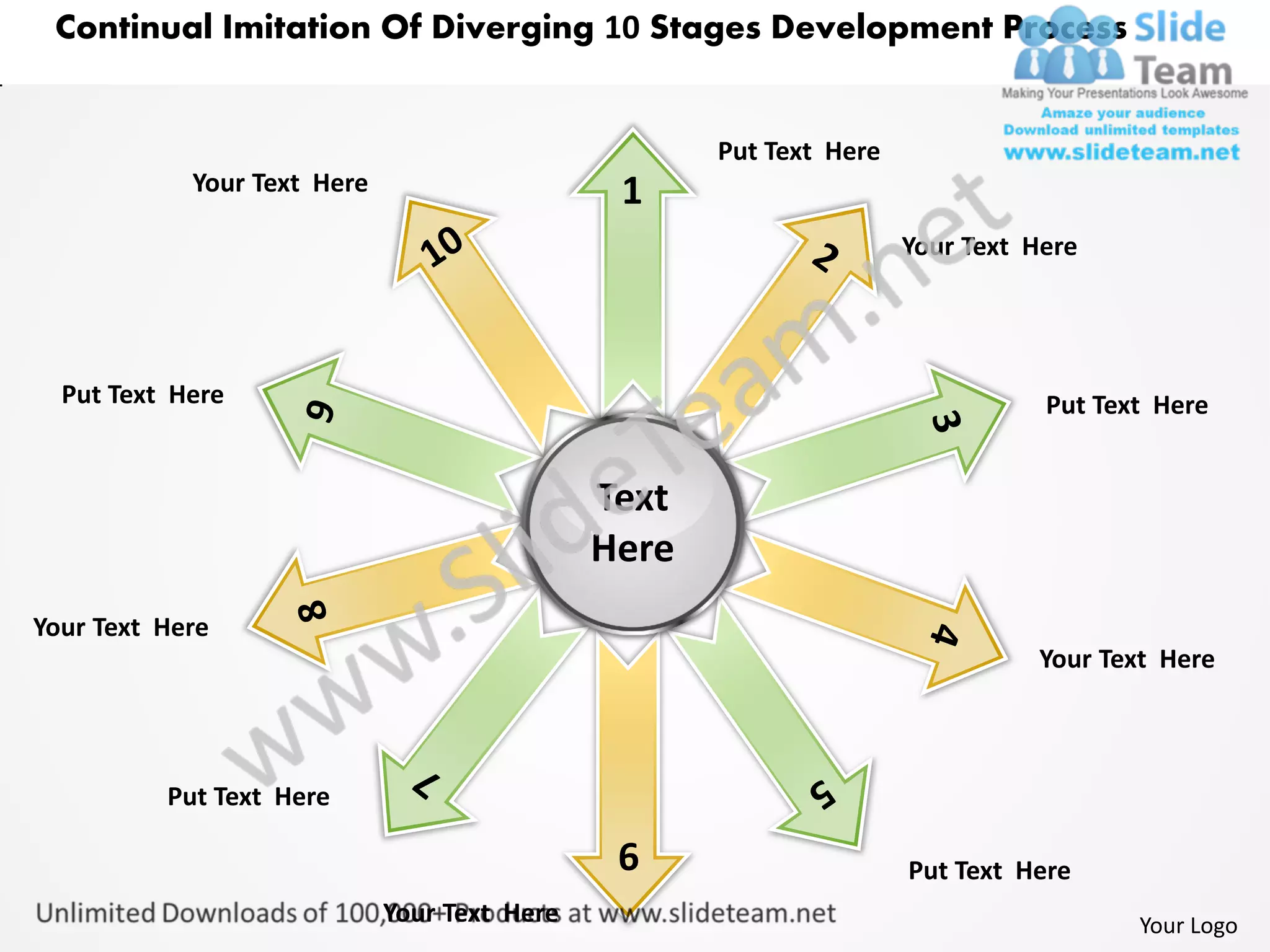 Continual Imitation Of Diverging 10 Stages Development Process


                                                     Put Text Here
            Your Text Here                     1
                                                                     Your Text Here




  Put Text Here                                                                 Put Text Here


                                              Text
                                              Here
Your Text Here
                                                                               Your Text Here



          Put Text Here

                                               6                     Put Text Here
                             Your Text Here                                            Your Logo
 