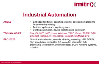 Industrial Automation
AREAS

 Embedded software, operating systems, development platforms
for automotive industry
 Test bed systems and logistic systems
 Building automation, device operation and calibration

TECHNOLOGIES

C++, C#, MVC, MFC, Linux, Windows, YACC, Driver, TCP/IP, OPC,
EtherCat, ProfiBus, InTime, RTOS, Beckhoff, SIEMENS SPS

PROJECTS

Graphical visualisation, controls, charting, recording, HMI, SCADA,
high speed data, embedded OS, compiler, interpreter, data
processing, visualisation, automated tests, ECUs, handling systems,
robotics

© 2013 imitrix GmbH. Alle Rechte vorbehalten.

 