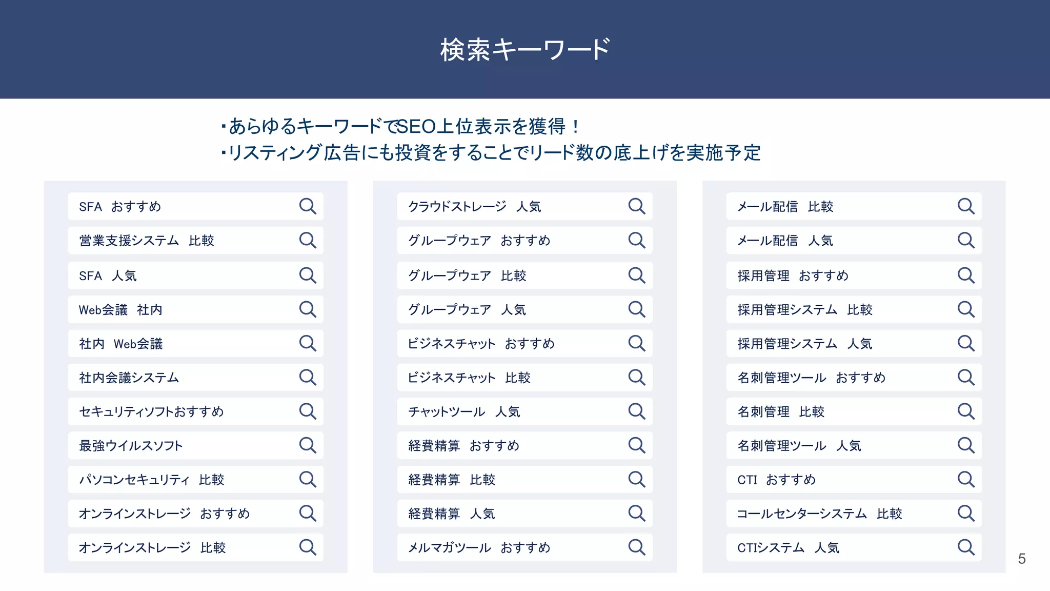 5
検索キーワード 
SFA　人気
Web会議　社内
社内　Web会議
社内会議システム
セキュリティソフトおすすめ 
最強ウイルスソフト 
パソコンセキュリティ　比較 
オンラインストレージ　おすすめ
オンラインストレージ　比較 
SFA　おすすめ
営業支援システム　比較
グループウェア　比較
グループウェア　人気
ビジネスチャット　おすすめ
ビジネスチャット　比較
チャットツール　人気 
経費精算　おすすめ 
経費精算　比較 
経費精算　人気
メルマガツール　おすすめ 
クラウドストレージ　人気
グループウェア　おすすめ
採用管理　おすすめ
採用管理システム　比較
採用管理システム　人気
名刺管理ツール　おすすめ
名刺管理　比較 
名刺管理ツール　人気 
CTI　おすすめ 
コールセンターシステム　比較
CTIシステム　人気 
メール配信　比較
メール配信　人気
・あらゆるキーワードでSEO上位表示を獲得！
・リスティング広告にも投資をすることでリード数の底上げを実施予定
 