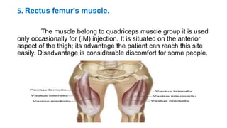 5. Rectus femur's muscle.
The muscle belong to quadriceps muscle group it is used
only occasionally for (IM) injection. It is situated on the anterior
aspect of the thigh; its advantage the patient can reach this site
easily. Disadvantage is considerable discomfort for some people.
 