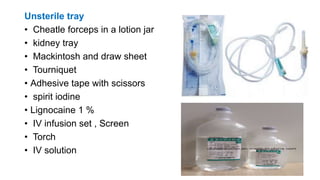 Unsterile tray
• Cheatle forceps in a lotion jar
• kidney tray
• Mackintosh and draw sheet
• Tourniquet
• Adhesive tape with scissors
• spirit iodine
• Lignocaine 1 %
• IV infusion set , Screen
• Torch
• IV solution
 