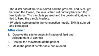 • The distal end of the vein is tired and the proximal end is caught
between the thread, the vein is then cut partially between the
two ligatures. The canula is passed and the proximal ligature is
tied to keep the canula in place.
• IV drip is connected to the venesection needle. Skin is sutured
and bandaged
After care :
1. Observe the site to detect infiltration of fluid and
dislodgement of cannula
2. Restrict the movement of the patient
3. Make the patient comfortable and relaxed
 