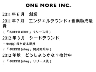 2011 年 6 月　創業
2011 年７月　エンジェルラウンド & 創業助成融
資
（『 GREEN GIRL 』リリース後）

2012 年３月　シードラウンド
＊ IMJIP 様と資本提携
（『 GREEN funding 』開発開始時）

2012 年秋　どうしようかな？検討中
（『 GREEN funding 』リリース後）
 