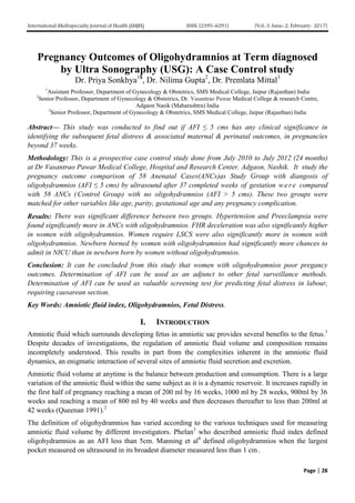 Pregnancy Outcomes of Oligohydramnios at Term diagnosed by Ultra ...