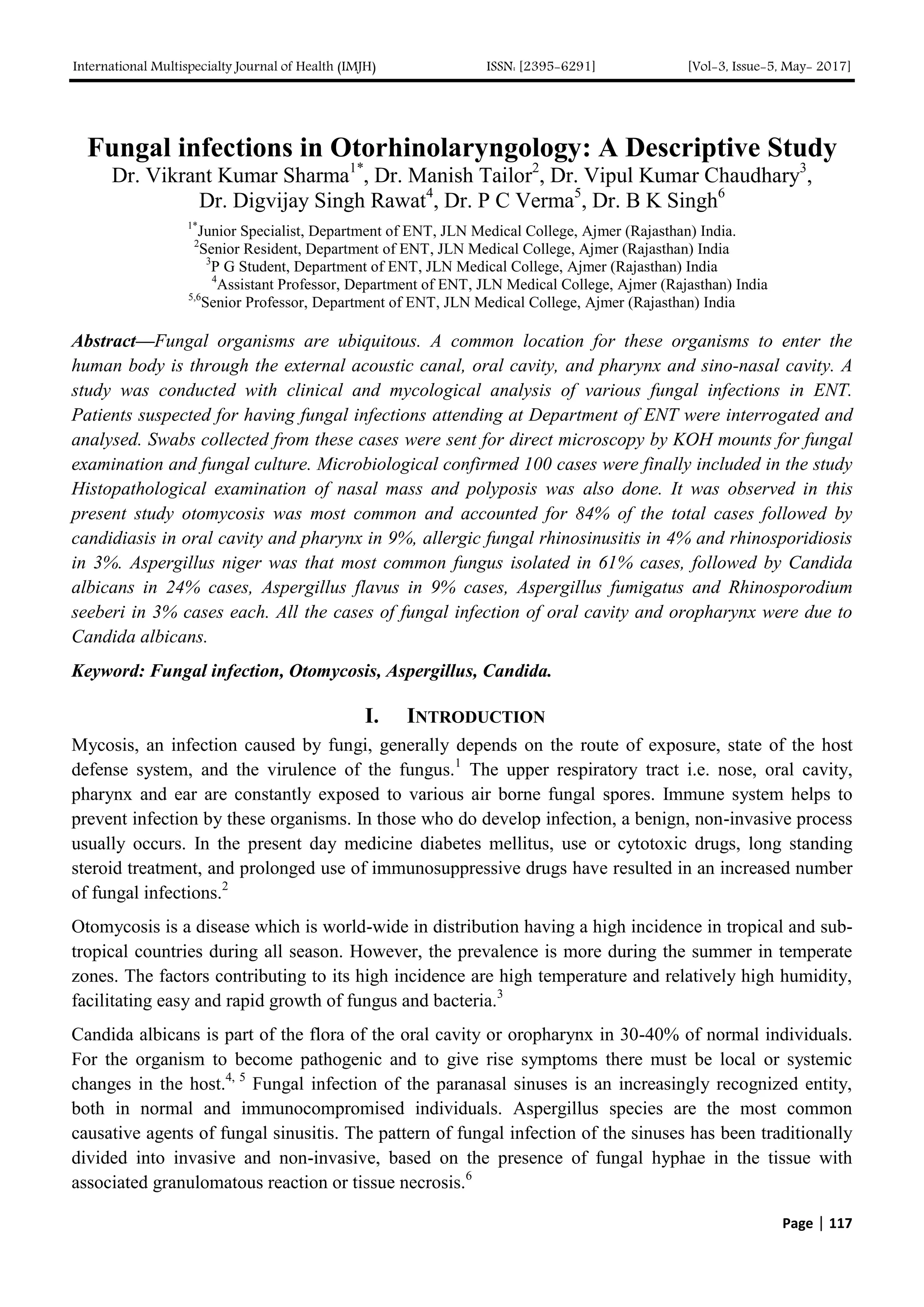 Fungal infections in Otorhinolaryngology: A Descriptive Study | PDF