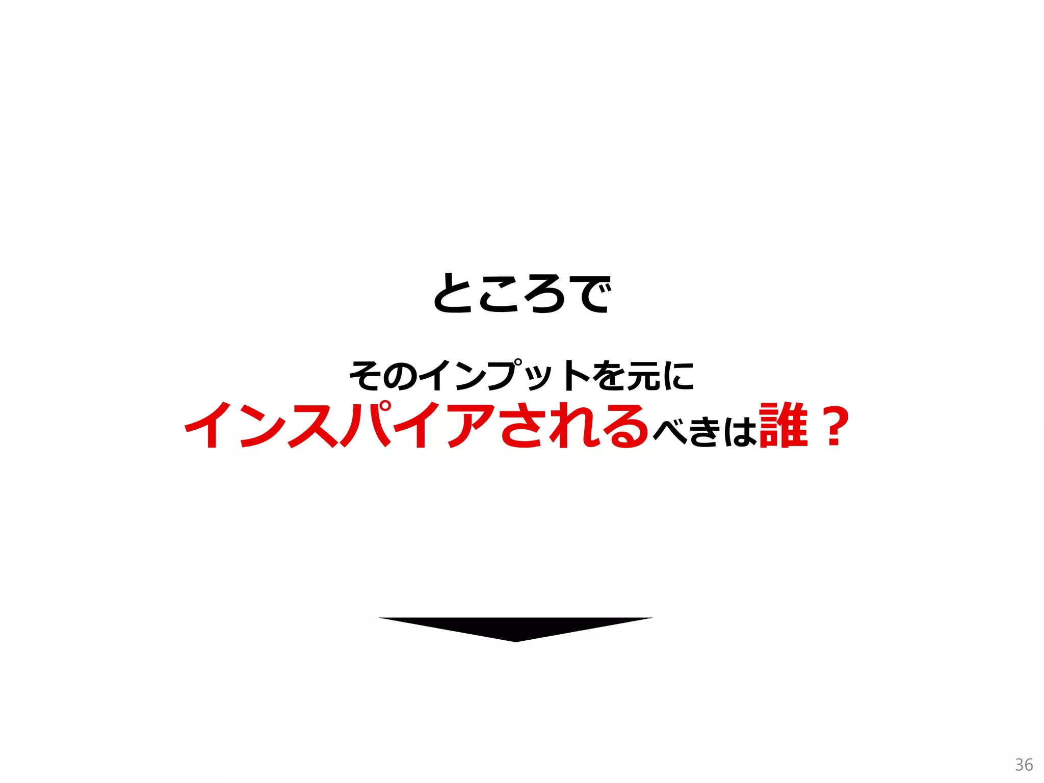 ところで 
そのインプットを元に 
インスパイアされるべきは誰？ 
36  