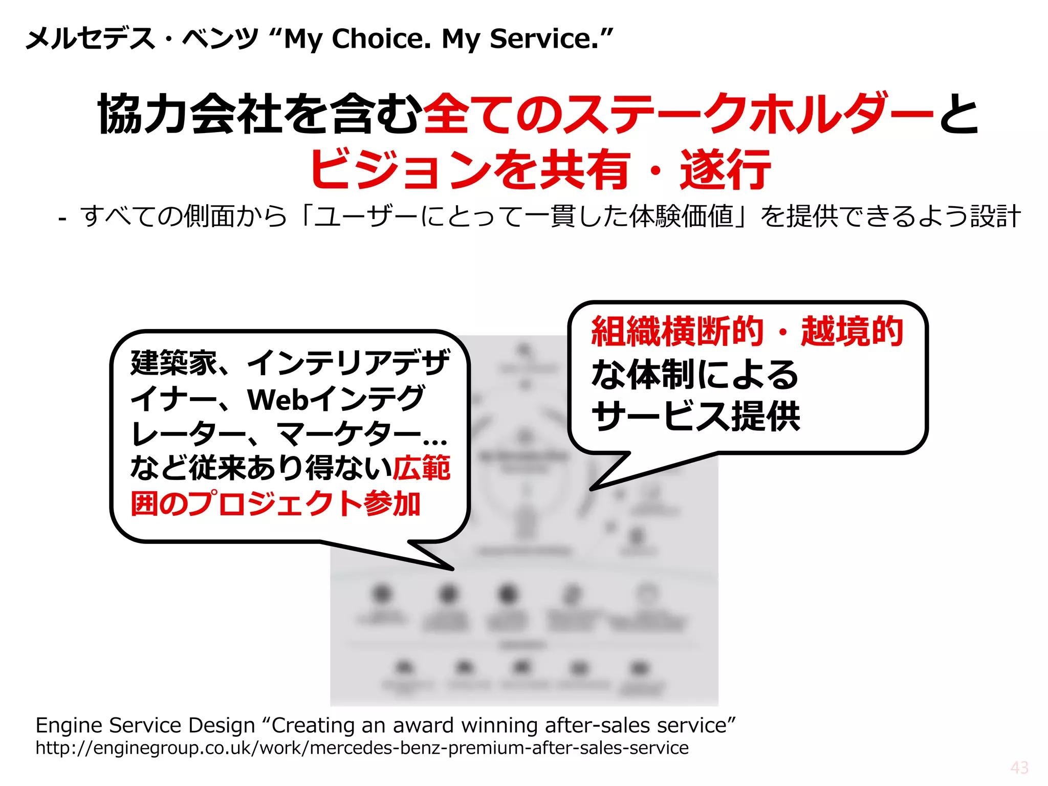 43 
メルセデス・ベンツ “My Choice. My Service.” 
協力会社を含む全てのステークホルダーと ビジョンを共有・遂行 
-すべての側面から「ユーザーにとって一貫した体験価値」を提供できるよう設計 
Engine Service Design “Creating an award winning after-sales service” http://enginegroup.co.uk/work/mercedes-benz-premium-after-sales-service 
組織横断的・越境的 な体制による サービス提供 
建築家、インテリアデザ イナー、Webインテグ レーター、マーケター… など従来あり得ない広範 囲のプロジェクト参加  