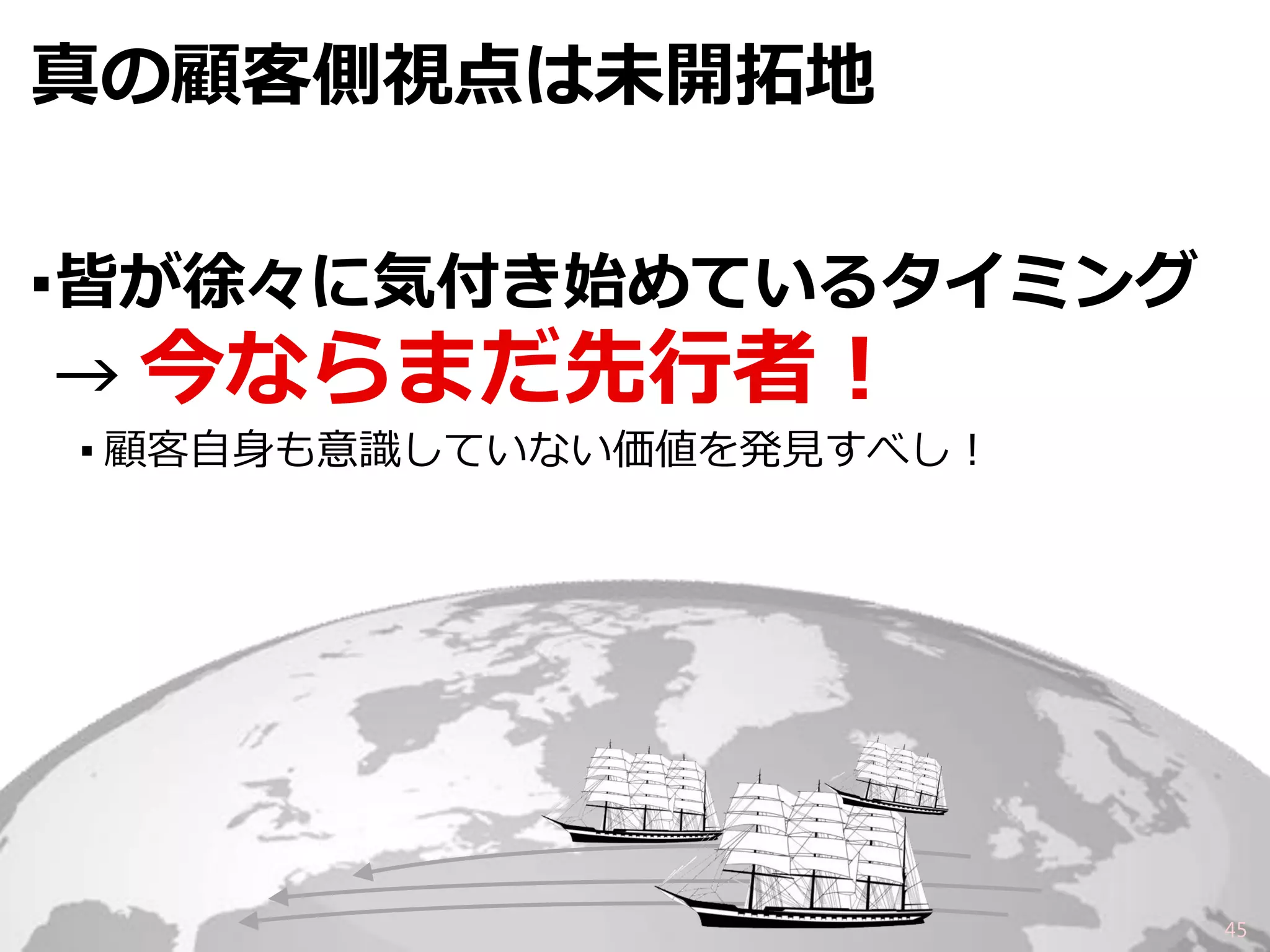 真の顧客側視点は未開拓地 
45 
▪皆が徐々に気付き始めているタイミング 
→ 今ならまだ先行者！ 
▪顧客自身も意識していない価値を発見すべし！  