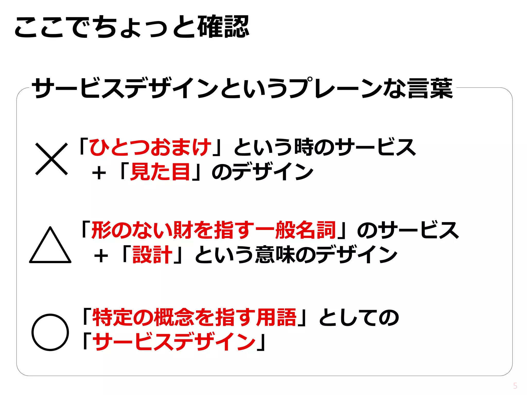 ここでちょっと確認 
5 
「ひとつおまけ」という時のサービス ＋「見た目」のデザイン 
「形のない財を指す一般名詞」のサービス ＋「設計」という意味のデザイン 
「特定の概念を指す用語」としての 「サービスデザイン」 
サービスデザインというプレーンな言葉  