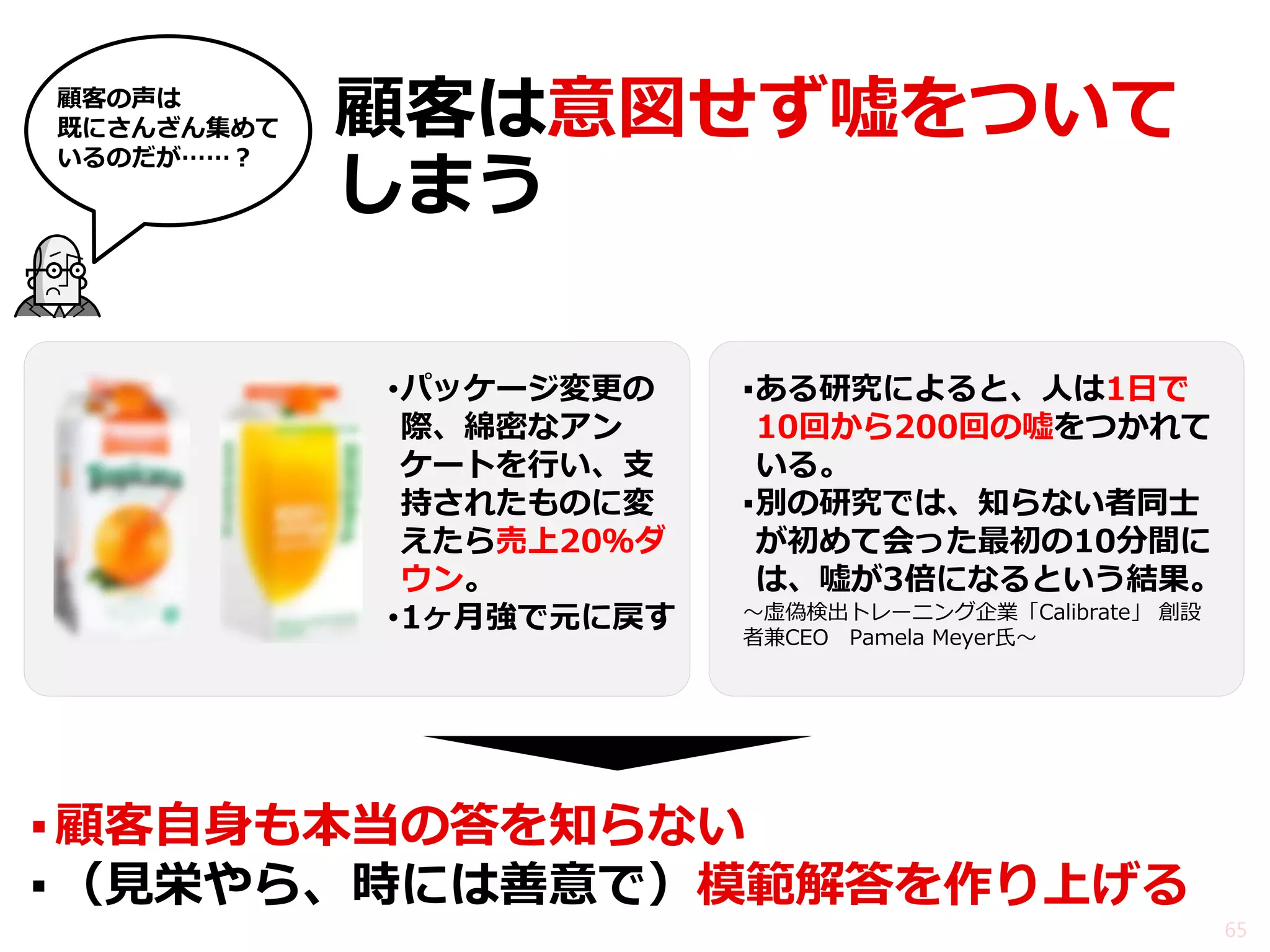 顧客は意図せず嘘をついて しまう 
▪顧客自身も本当の答を知らない 
▪（見栄やら、時には善意で）模範解答を作り上げる 
65 
顧客の声は 既にさんざん集めて いるのだが……？ 
•パッケージ変更の 際、綿密なアン ケートを行い、支 持されたものに変 えたら売上20％ダ ウン。 
•1ヶ月強で元に戻す 
▪ある研究によると、人は1日で 10回から200回の嘘をつかれて いる。 
▪別の研究では、知らない者同士 が初めて会った最初の10分間に は、嘘が3倍になるという結果。 ～虚偽検出トレーニング企業「Calibrate」 創設 者兼CEO Pamela Meyer氏～  
