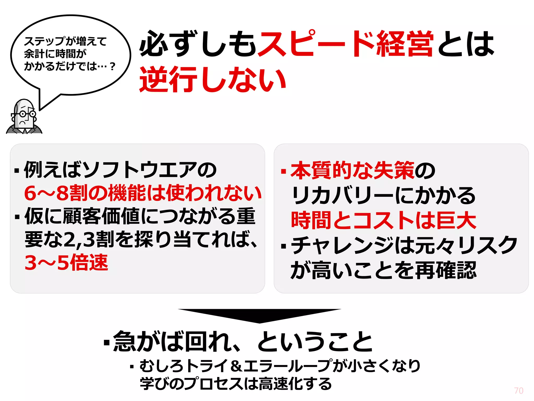 必ずしもスピード経営とは 逆行しない 
▪例えばソフトウエアの 6～8割の機能は使われない 
▪仮に顧客価値につながる重 要な2,3割を探り当てれば、 3～5倍速 
▪本質的な失策の リカバリーにかかる 時間とコストは巨大 
▪チャレンジは元々リスク が高いことを再確認 
70 
ステップが増えて 余計に時間が かかるだけでは…？ 
▪急がば回れ、ということ 
▪むしろトライ＆エラーループが小さくなり 学びのプロセスは高速化する  