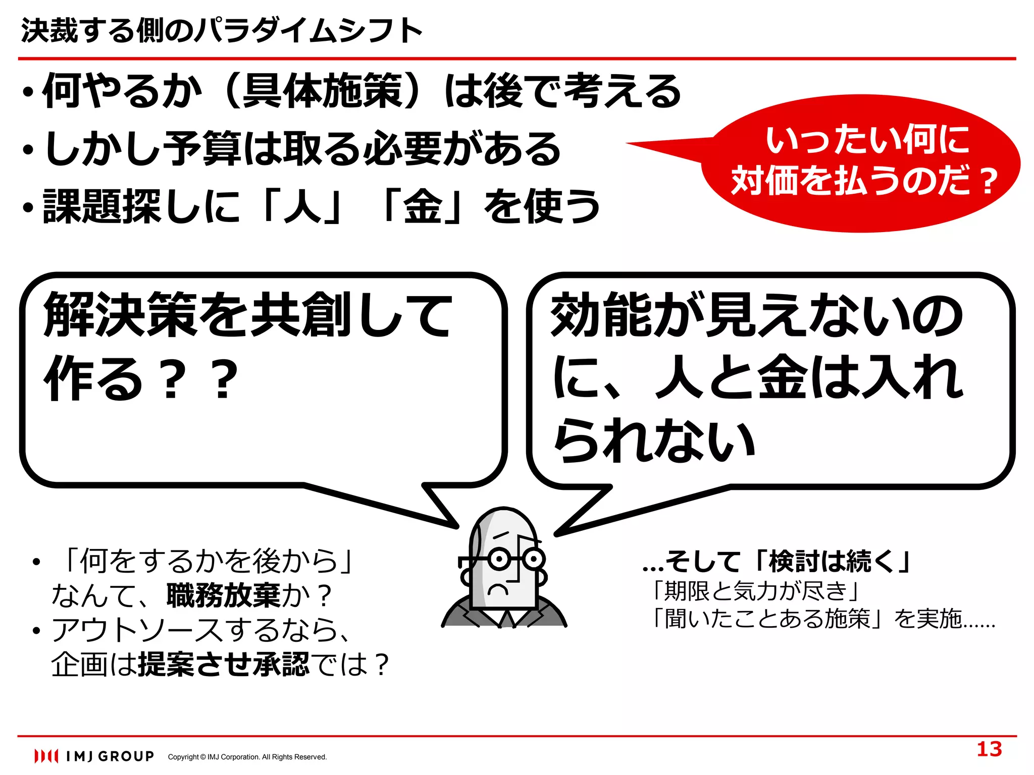 Copyright © IMJ Corporation. All Rights Reserved.
決裁する側のパラダイムシフト
• 何やるか（具体施策）は後で考える
• しかし予算は取る必要がある
• 課題探しに「人」「金」を使う
13
いったい何に
対価を払うのだ？
解決策を共創して
作る？？
効能が見えないの
に、人と金は入れ
られない
• 「何をするかを後から」
なんて、職務放棄か？
• アウトソースするなら、
企画は提案させ承認では？
…そして「検討は続く」
「期限と気力が尽き」
「聞いたことある施策」を実施……
 