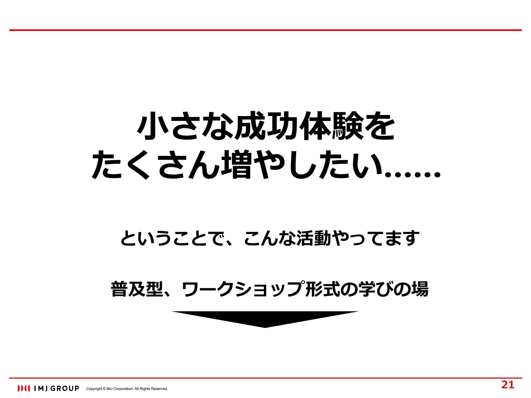 Copyright © IMJ Corporation. All Rights Reserved.
小さな成功体験を
たくさん増やしたい……
21
ということで、こんな活動やってます
普及型、ワークショップ形式の学びの場
 