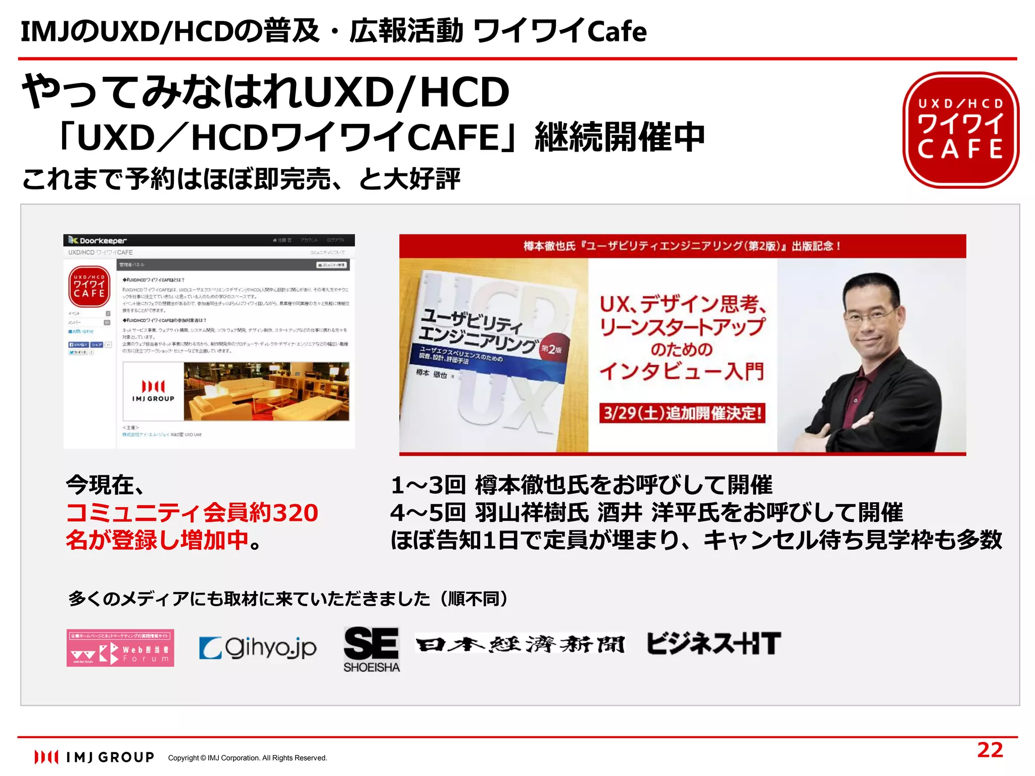 Copyright © IMJ Corporation. All Rights Reserved.
IMJのUXD/HCDの普及・広報活動 ワイワイCafe
やってみなはれUXD/HCD
「UXD／HCDワイワイCAFE」継続開催中
これまで予約はほぼ即完売、と大好評
22
今現在、
コミュニティ会員約320
名が登録し増加中。
1～3回 樽本徹也氏をお呼びして開催
4～5回 羽山祥樹氏 酒井 洋平氏をお呼びして開催
ほぼ告知1日で定員が埋まり、キャンセル待ち見学枠も多数
多くのメディアにも取材に来ていただきました（順不同）
 