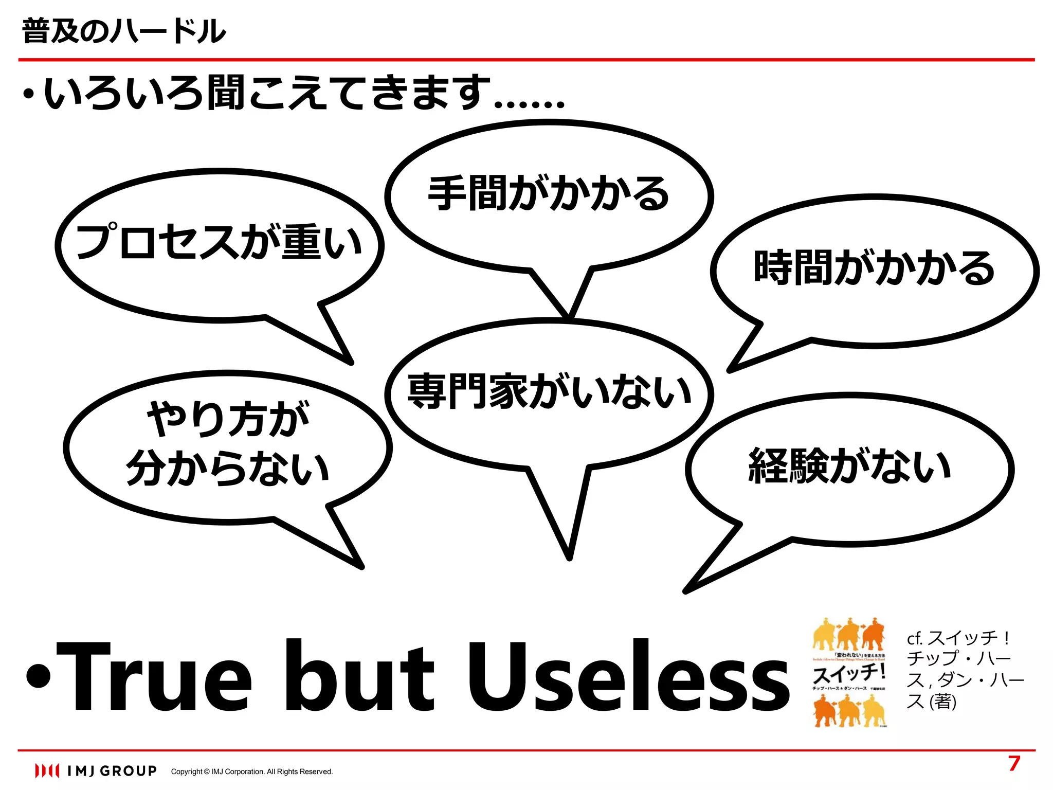 Copyright © IMJ Corporation. All Rights Reserved.
普及のハードル
• いろいろ聞こえてきます……
•True but Useless
7
プロセスが重い
手間がかかる
時間がかかる
専門家がいない
経験がない
やり方が
分からない
cf. スイッチ！
チップ・ハー
ス , ダン・ハー
ス (著)
 