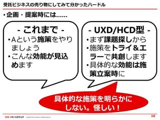 Copyright © IMJ Corporation. All Rights Reserved.
受託ビジネスの売り物にしてみて分かったハードル
• 企画・提案時には……
10
- これまで -
•Aという施策をやり
ましょう
•こんな効能が見込
めます
- UXD/HCD型 -
•まず課題探しから
•施策をトライ＆エ
ラーで共創します
•具体的な効能は施
策立案時に
具体的な施策を明らかに
しない。怪しい！怪しい！
 