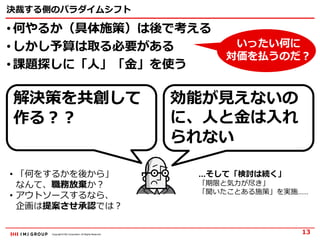 Copyright © IMJ Corporation. All Rights Reserved.
決裁する側のパラダイムシフト
• 何やるか（具体施策）は後で考える
• しかし予算は取る必要がある
• 課題探しに「人」「金」を使う
13
いったい何に
対価を払うのだ？
解決策を共創して
作る？？
効能が見えないの
に、人と金は入れ
られない
• 「何をするかを後から」
なんて、職務放棄か？
• アウトソースするなら、
企画は提案させ承認では？
…そして「検討は続く」
「期限と気力が尽き」
「聞いたことある施策」を実施……
 