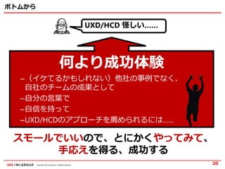 Copyright © IMJ Corporation. All Rights Reserved.
ボトムから
何より成功体験
–（イケてるかもしれない）他社の事例でなく、
自社のチームの成果として
–自分の言葉で
–自信を持って
–UXD/HCDのアプローチを薦められるには……
20
スモールでいいので、とにかくやってみて、
手応えを得る、成功する
UXD/HCD 怪しい……
 