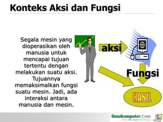 Konteks Aksi dan Fungsi

Segala mesin yang
dioperasikan oleh
manusia untuk
mencapai tujuan
tertentu dengan
melakukan suatu aksi.
Tujuannya
memaksimalkan fungsi
suatu mesin. Jadi, ada
interaksi antara
manusia dan mesin.

aksi
Fungsi

 