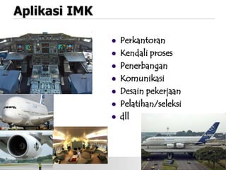 Aplikasi IMK








Perkantoran
Kendali proses
Penerbangan
Komunikasi
Desain pekerjaan
Pelatihan/seleksi
dll

 