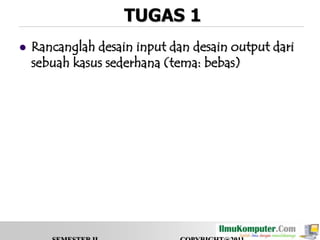 TUGAS 1


Rancanglah desain input dan desain output dari
sebuah kasus sederhana (tema: bebas)

 