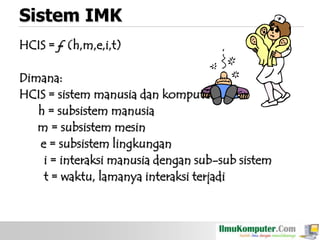 Sistem IMK
HCIS = ƒ (h,m,e,i,t)
Dimana:
HCIS = sistem manusia dan komputer
h = subsistem manusia
m = subsistem mesin
e = subsistem lingkungan
i = interaksi manusia dengan sub-sub sistem
t = waktu, lamanya interaksi terjadi

 