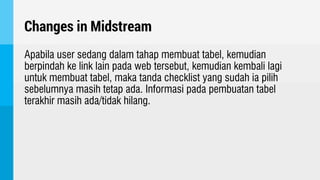 Changes in Midstream
Apabila user sedang dalam tahap membuat tabel, kemudian
berpindah ke link lain pada web tersebut, kemudian kembali lagi
untuk membuat tabel, maka tanda checklist yang sudah ia pilih
sebelumnya masih tetap ada. Informasi pada pembuatan tabel
terakhir masih ada/tidak hilang.
 