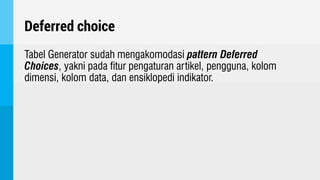 Deferred choice
Tabel Generator sudah mengakomodasi pattern Deferred
Choices, yakni pada fitur pengaturan artikel, pengguna, kolom
dimensi, kolom data, dan ensiklopedi indikator.
 