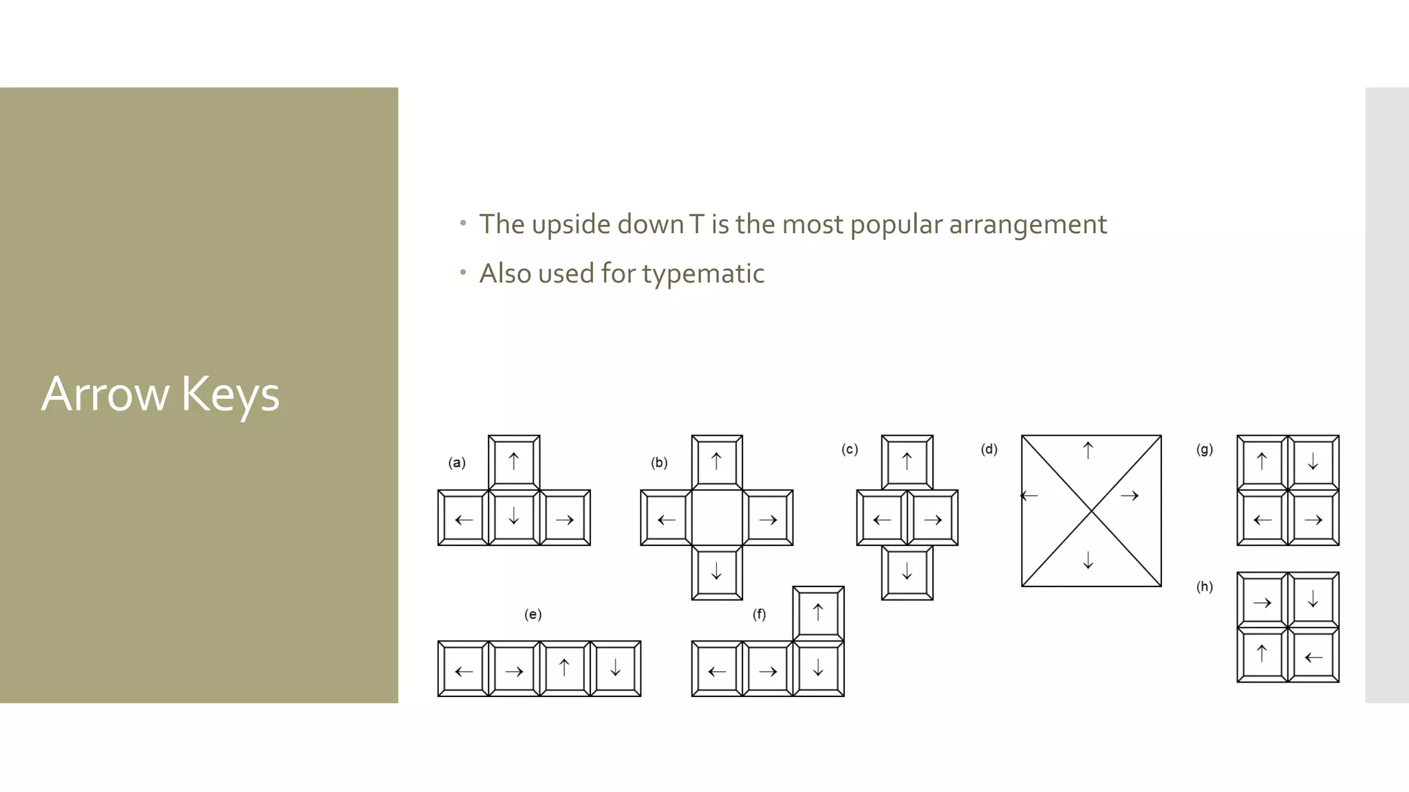 Arrow Keys 
The upside down T is the most popular arrangement 
Also used for typematic  