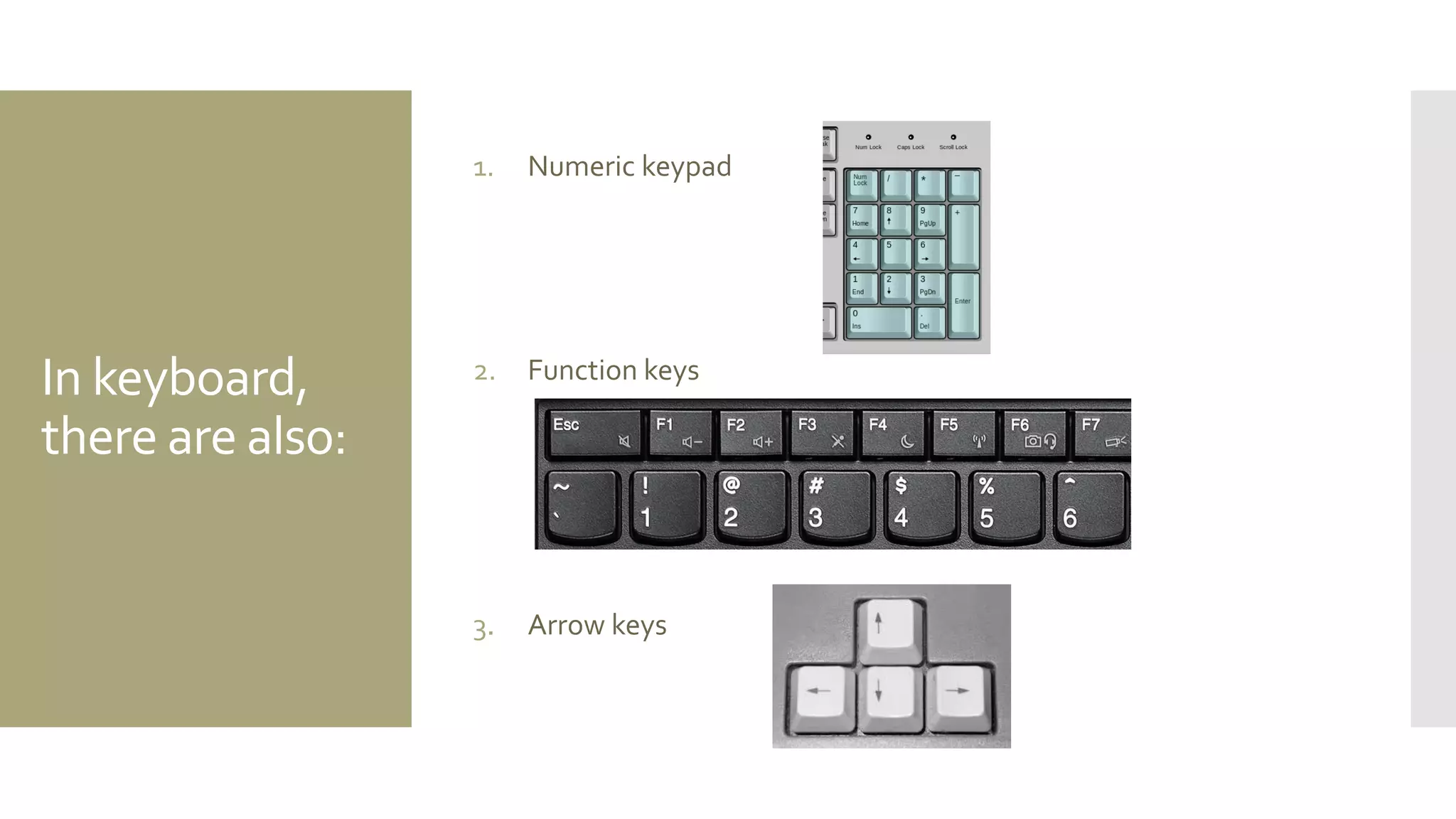 In keyboard, there are also: 
1.Numeric keypad 
2.Function keys 
3.Arrow keys  