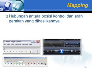 Mapping

 Hubungan antara posisi kontrol dan arah
 gerakan yang dihasilkannya.




                                            39
 